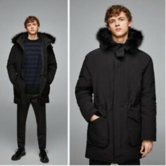 Zara Other - Zara MAN Long Quilted Coat With Faux Fur Hood